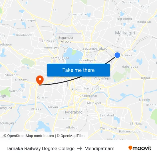 Tarnaka Railway Degree College to Mehdipatnam map