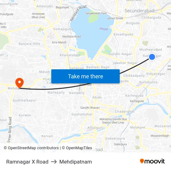 Ramnagar X Road to Mehdipatnam map