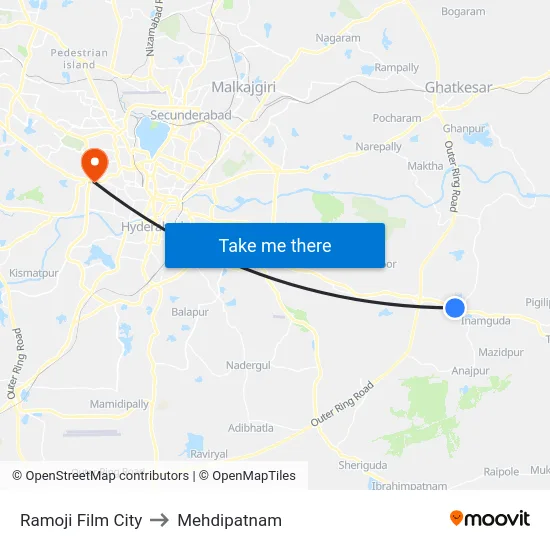 Ramoji Film City to Mehdipatnam map