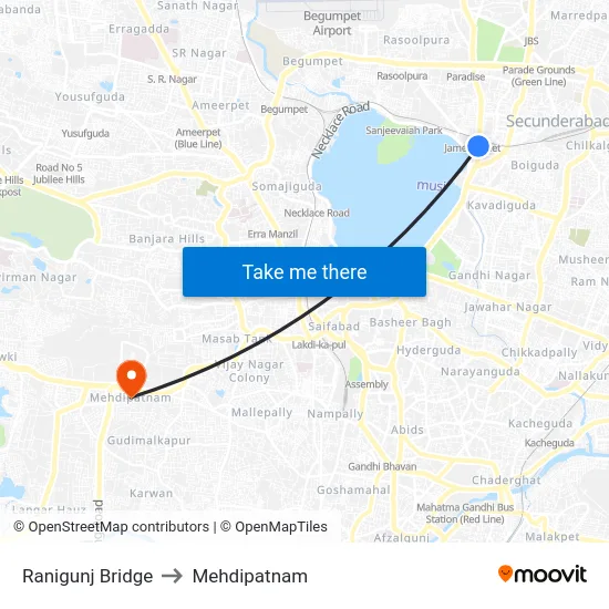 Ranigunj Bridge to Mehdipatnam map
