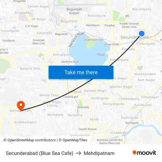 Secunderabad (Blue Sea Cafe) to Mehdipatnam map