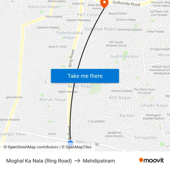 Moghal Ka Nala (Ring Road) to Mehdipatnam map