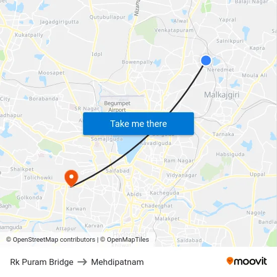 Rk Puram Bridge to Mehdipatnam map