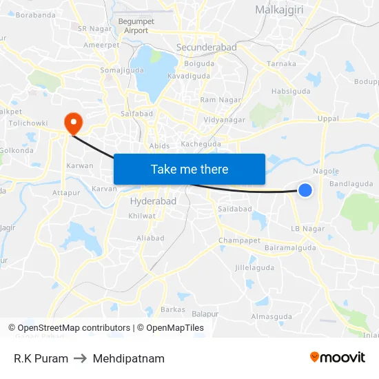 R.K Puram to Mehdipatnam map