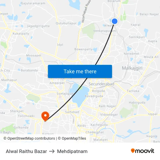 Alwal Raithu Bazar to Mehdipatnam map