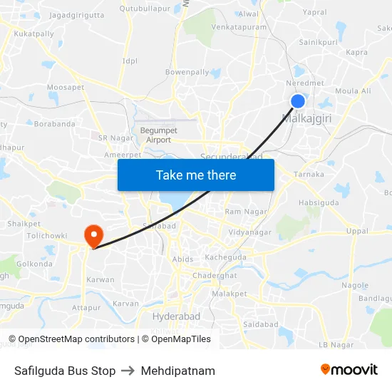 Safilguda Bus Stop to Mehdipatnam map