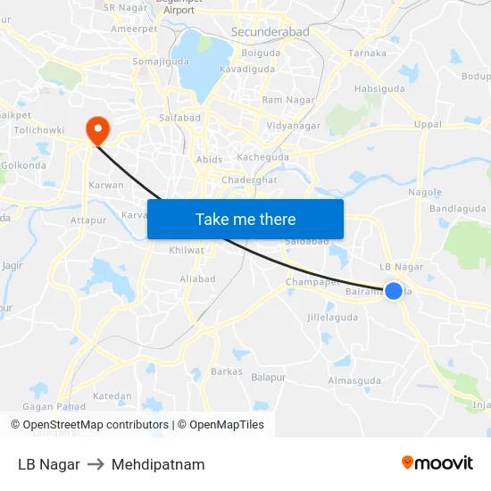LB Nagar to Mehdipatnam map