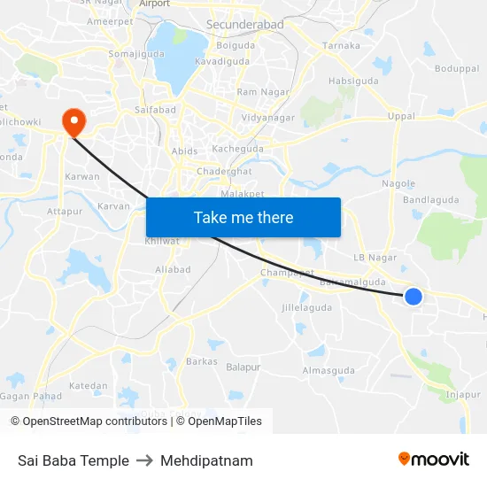 Sai Baba Temple to Mehdipatnam map