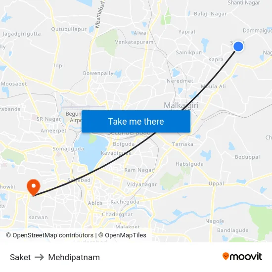 Saket to Mehdipatnam map