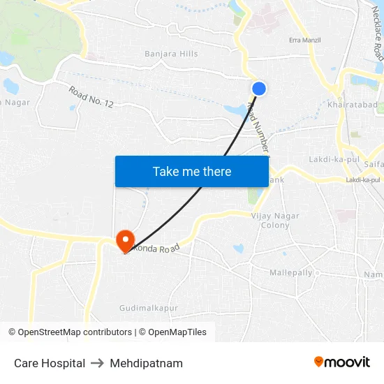 Care Hospital to Mehdipatnam map