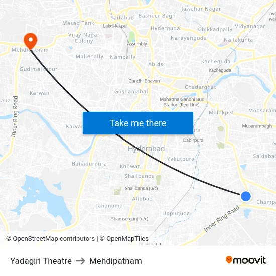 Yadagiri Theatre to Mehdipatnam map