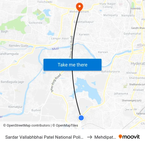 Sardar Vallabhbhai Patel National Police Academy to Mehdipatnam map