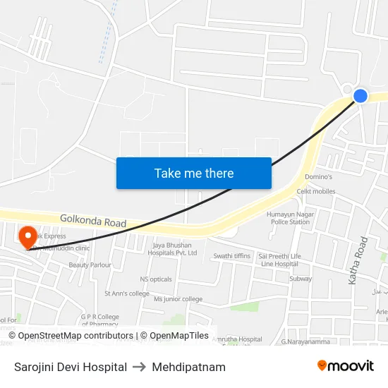 Sarojini Devi Hospital to Mehdipatnam map