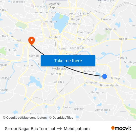 Saroor Nagar Bus Terminal to Mehdipatnam map