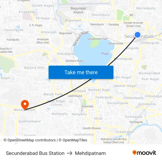 Secunderabad Bus Station to Mehdipatnam map