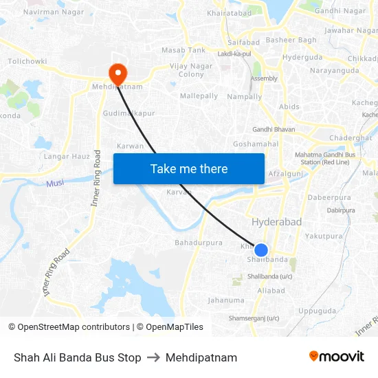 Shah Ali Banda Bus Stop to Mehdipatnam map