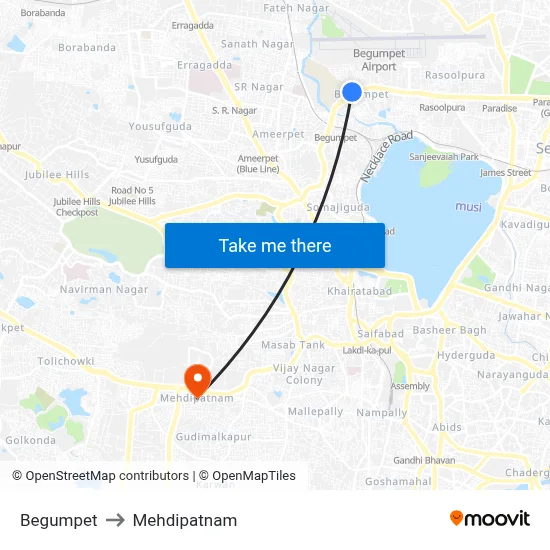 Begumpet to Mehdipatnam map