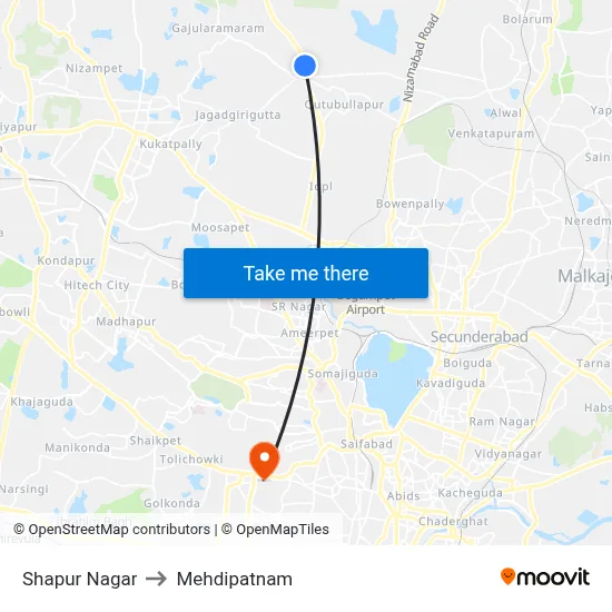 Shapur Nagar to Mehdipatnam map