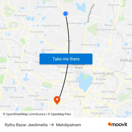 Rythu Bazar Jeedimetla to Mehdipatnam map