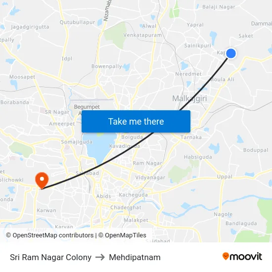 Sri Ram Nagar Colony to Mehdipatnam map