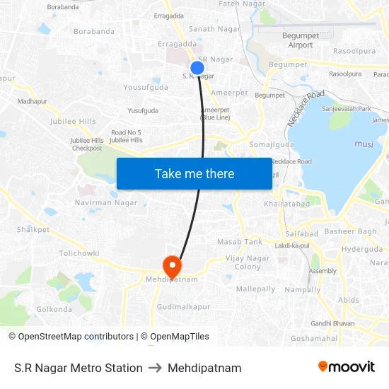 S.R Nagar Metro Station to Mehdipatnam map