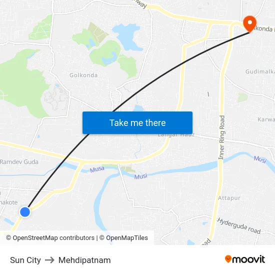 Sun City to Mehdipatnam map