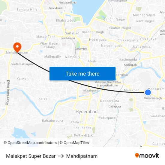 Malakpet Super Bazar to Mehdipatnam map