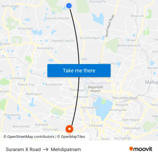 Suraram X Road to Mehdipatnam map