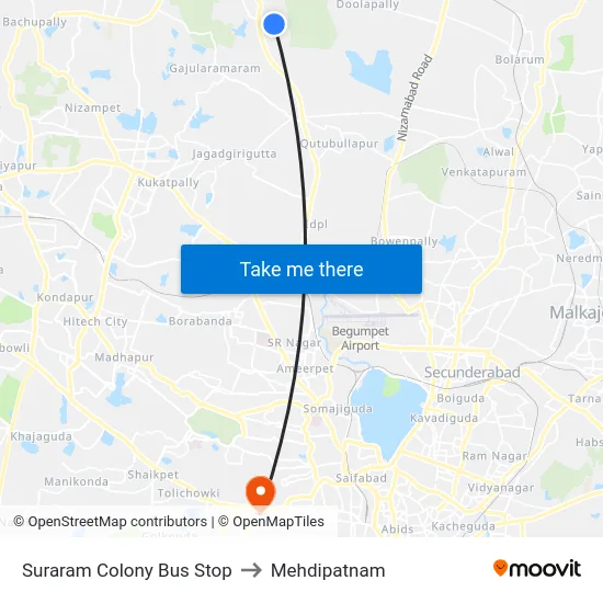 Suraram Colony Bus Stop to Mehdipatnam map