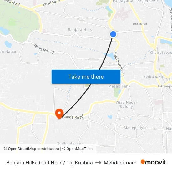 Banjara Hills Road No 7 / Taj Krishna to Mehdipatnam map