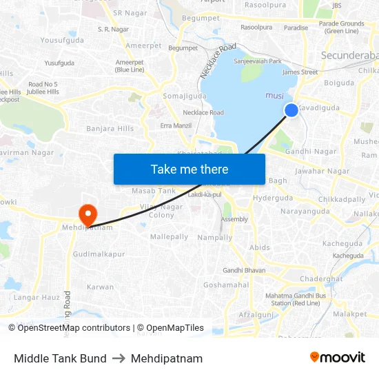 Middle Tank Bund to Mehdipatnam map