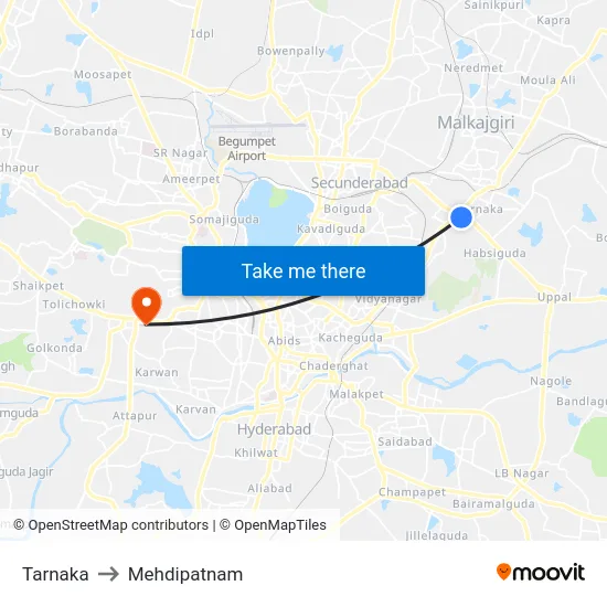 Tarnaka to Mehdipatnam map