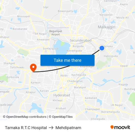 Tarnaka R.T.C Hospital to Mehdipatnam map