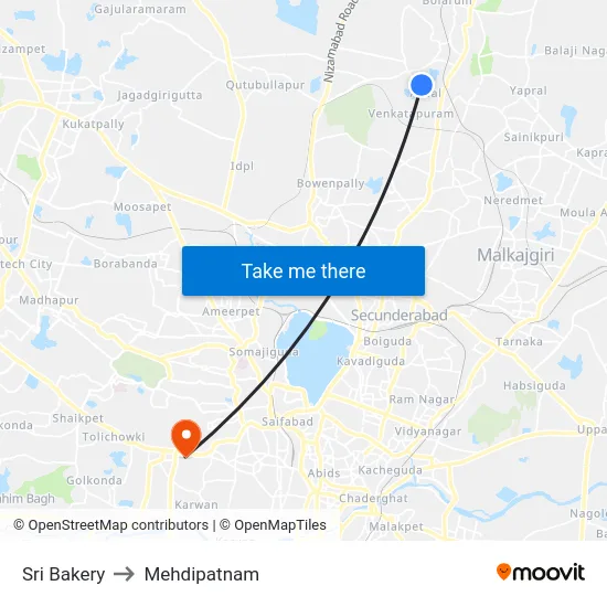 Sri Bakery to Mehdipatnam map