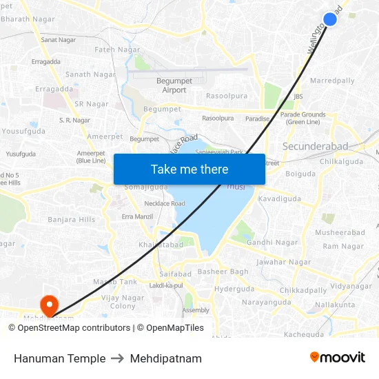 Hanuman Temple to Mehdipatnam map