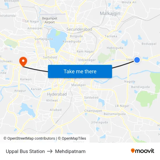 Uppal Bus Station to Mehdipatnam map