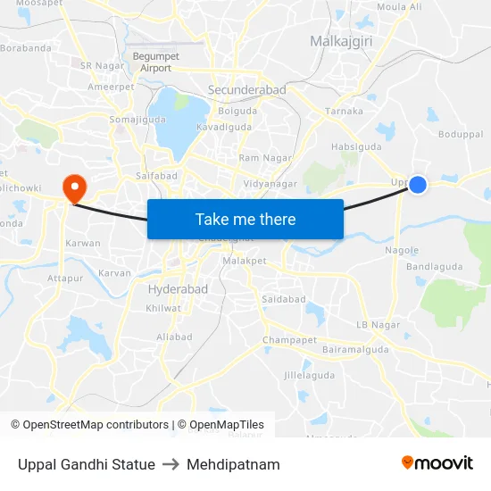 Uppal Gandhi Statue to Mehdipatnam map