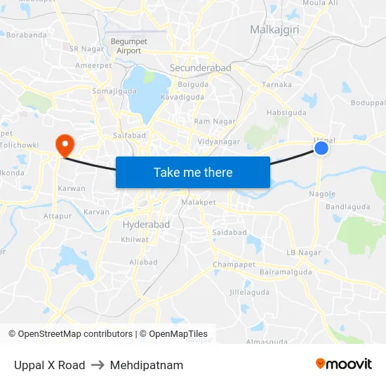 Uppal X Road to Mehdipatnam map