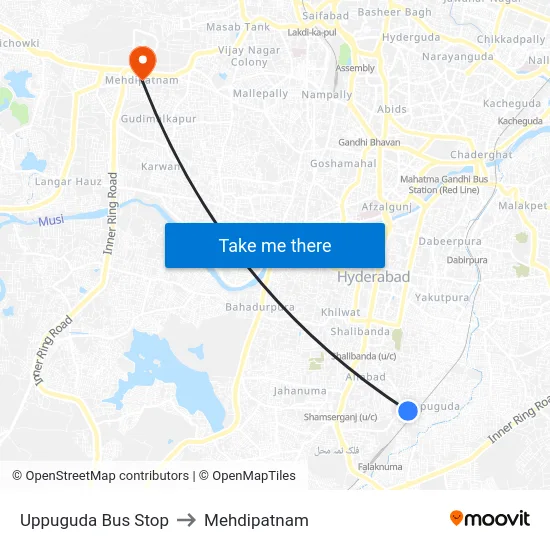 Uppuguda Bus Stop to Mehdipatnam map