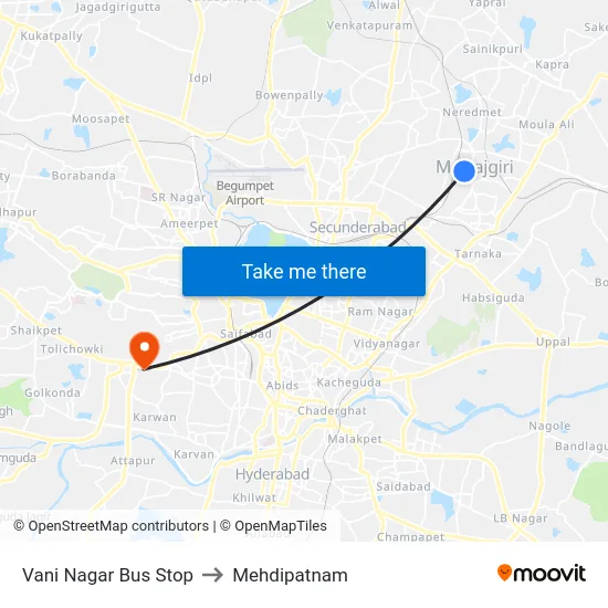 Vani Nagar Bus Stop to Mehdipatnam map