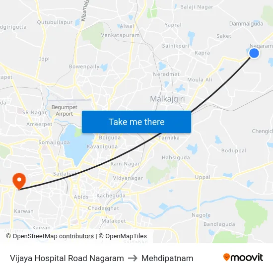 Vijaya Hospital Road Nagaram to Mehdipatnam map