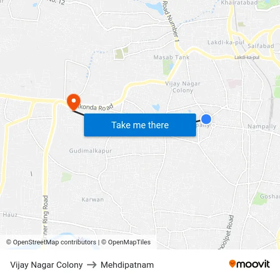 Vijay Nagar Colony to Mehdipatnam map