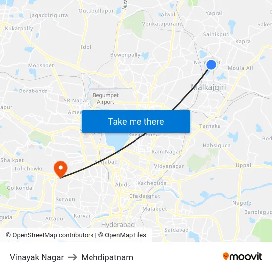 Vinayak Nagar to Mehdipatnam map