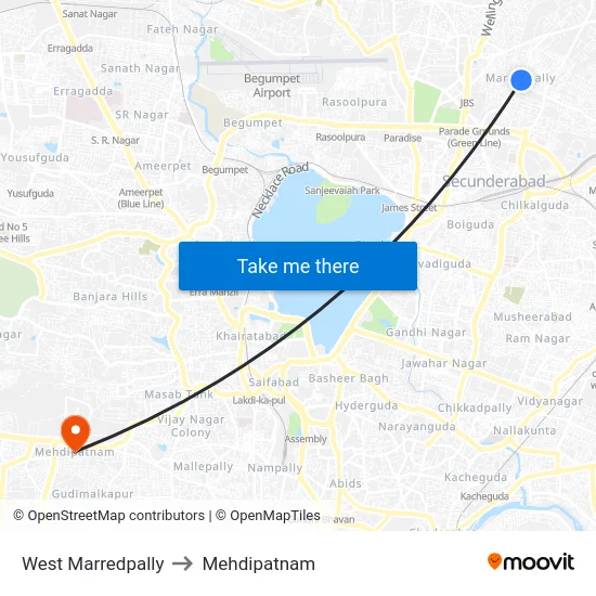 West Marredpally to Mehdipatnam map