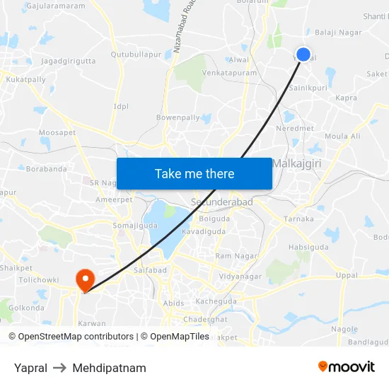 Yapral to Mehdipatnam map