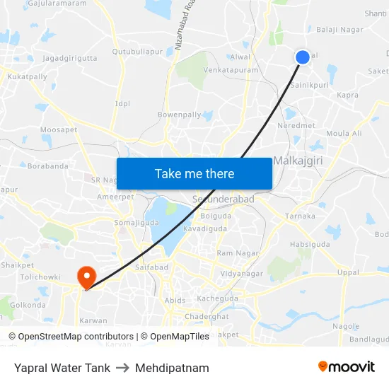 Yapral Water Tank to Mehdipatnam map