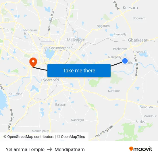 Yellamma Temple to Mehdipatnam map