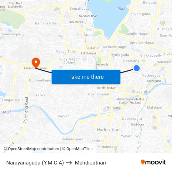 Narayanaguda (Y.M.C.A) to Mehdipatnam map