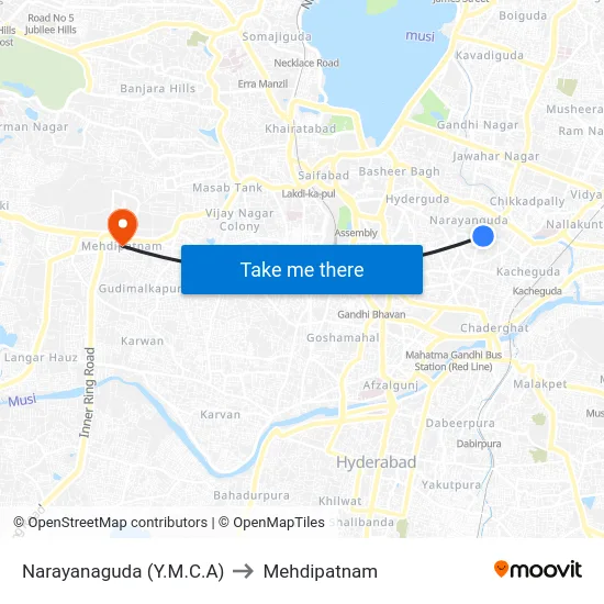 Narayanaguda (Y.M.C.A) to Mehdipatnam map