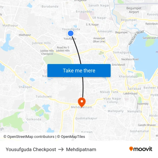 Yousufguda Checkpost to Mehdipatnam map